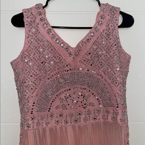 Beaded Pink V-Neck Evening Gown